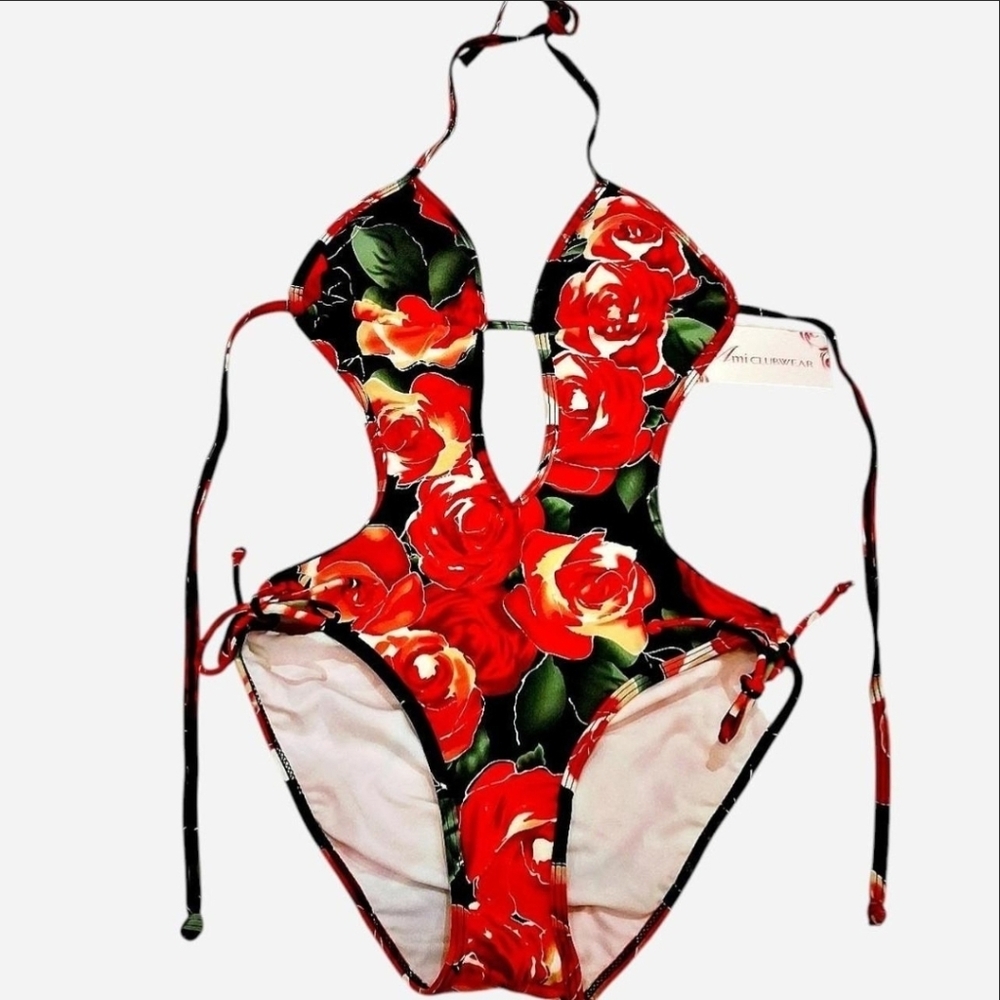 Ami Clubwear Red Roses Floral One Piece Swimsuit Tie Back Size Medium New